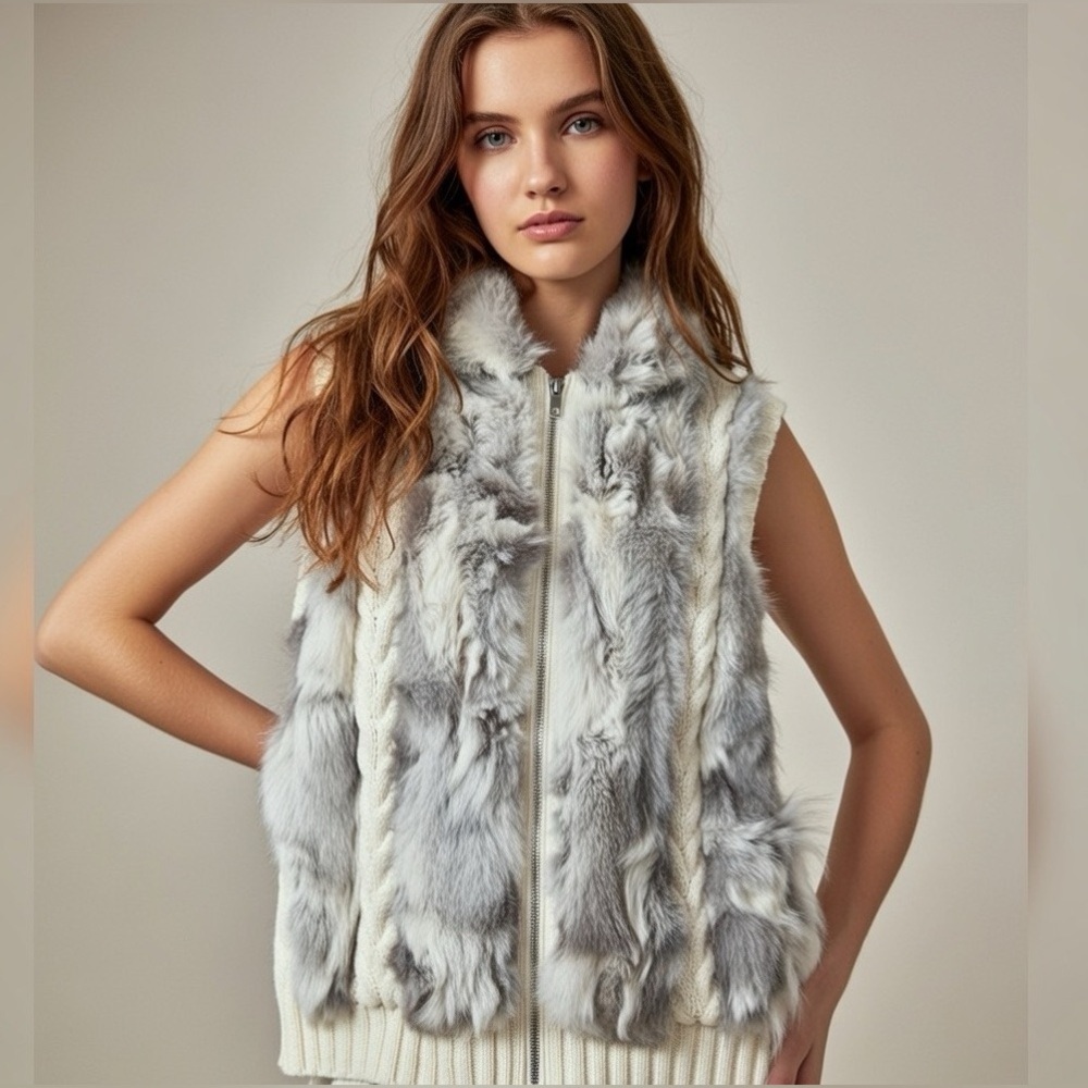 Vintage Christopher & Banks Rabbit Fur and Cable-Knit Vest, Size Large